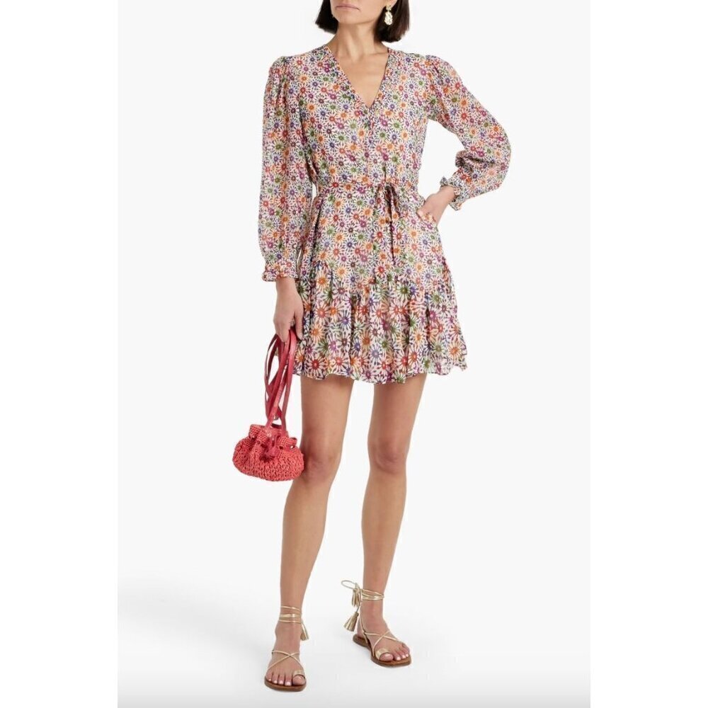 Saloni Franca Silk Floral Print Mini Wrap Dress Red Cream Womens Size 6